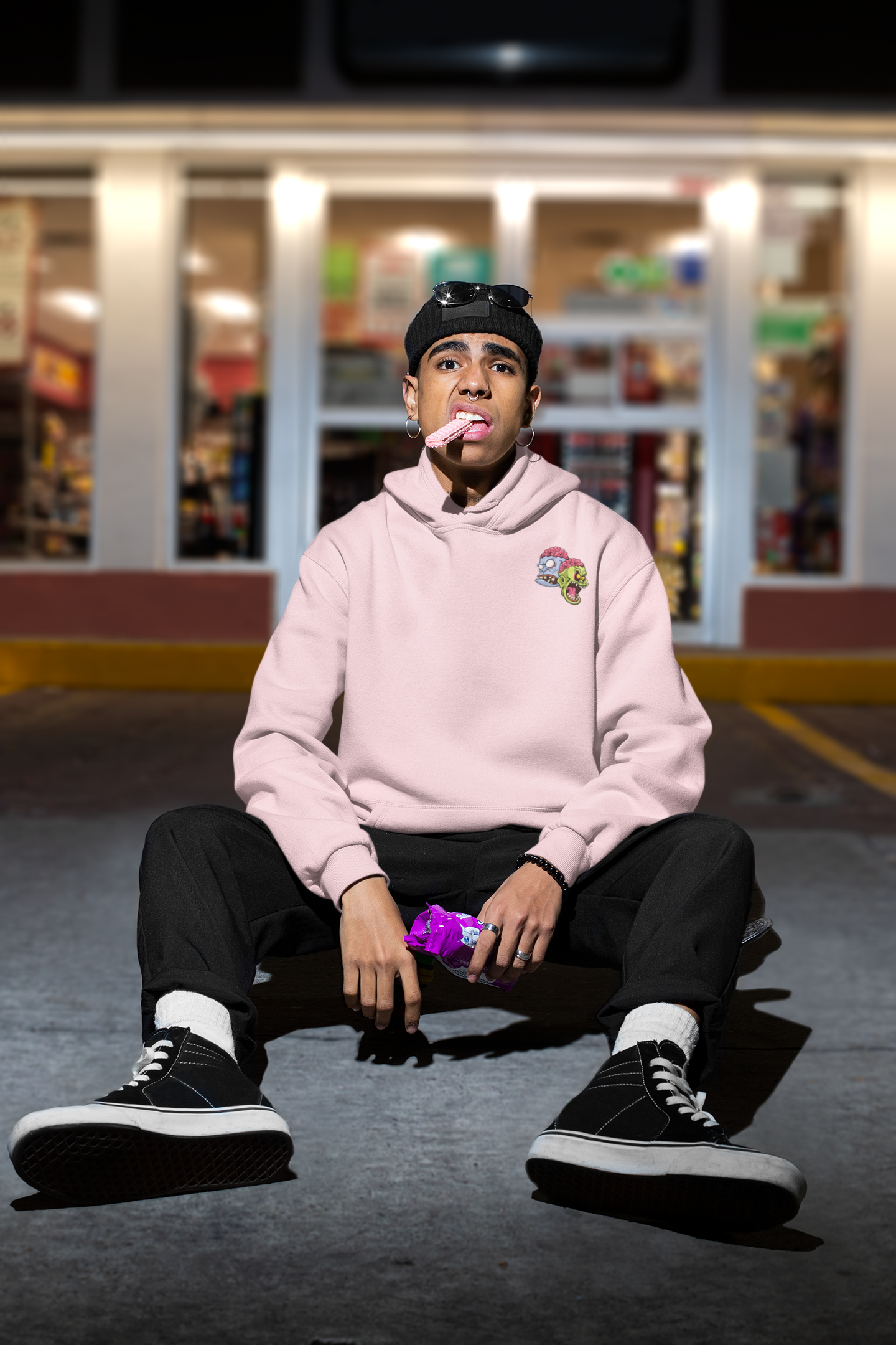 Baby Pink Zombie Head Graphic Oversized Hoodie