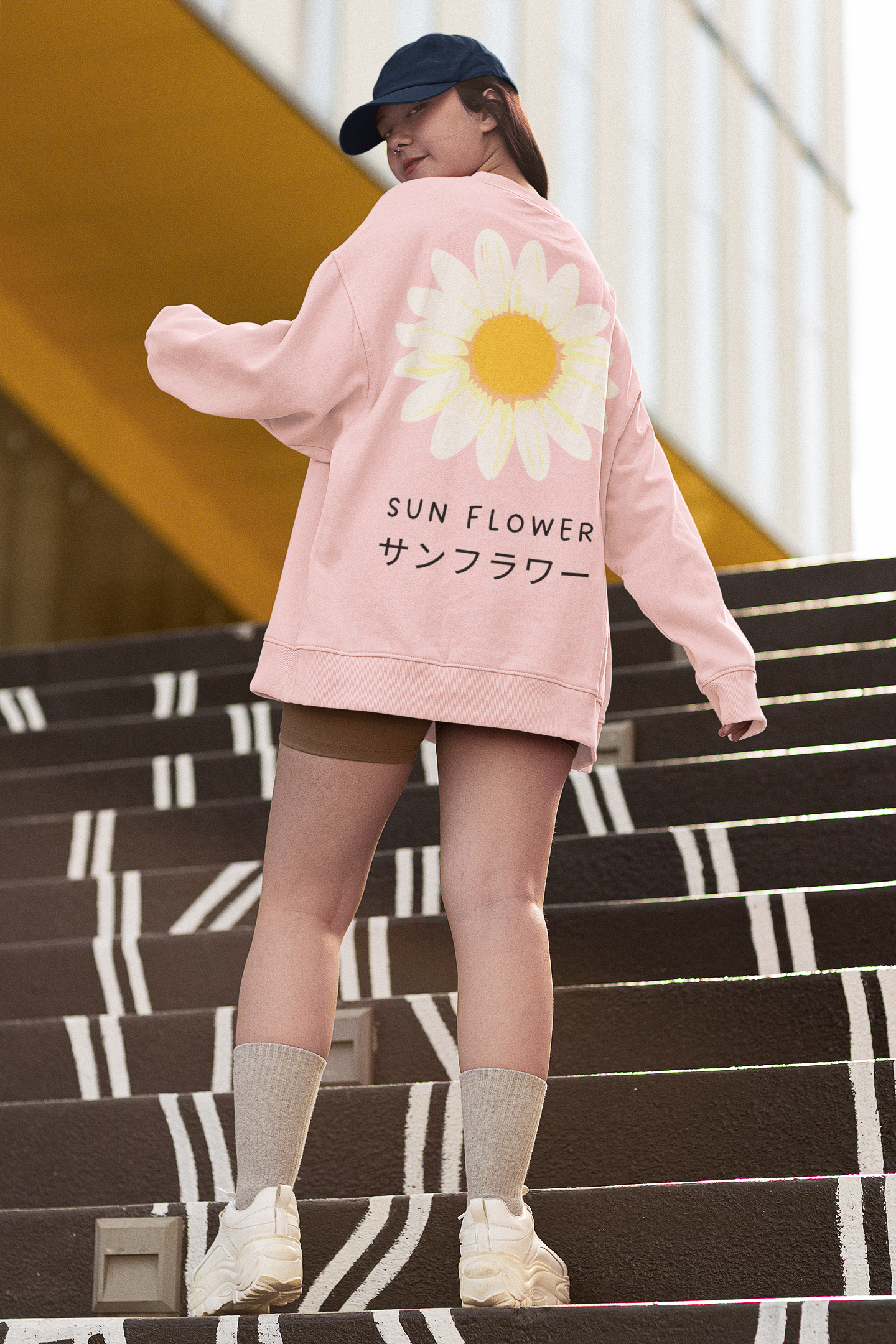 Baby Pink White Sunflower Graphic Oversized Sweatshirt