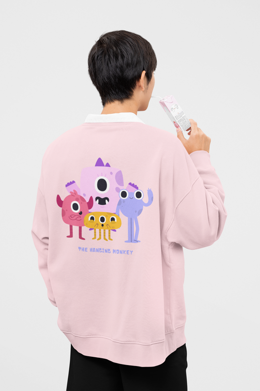 Oversized Baby Pink Monster Squad Graphic Sweatshirt